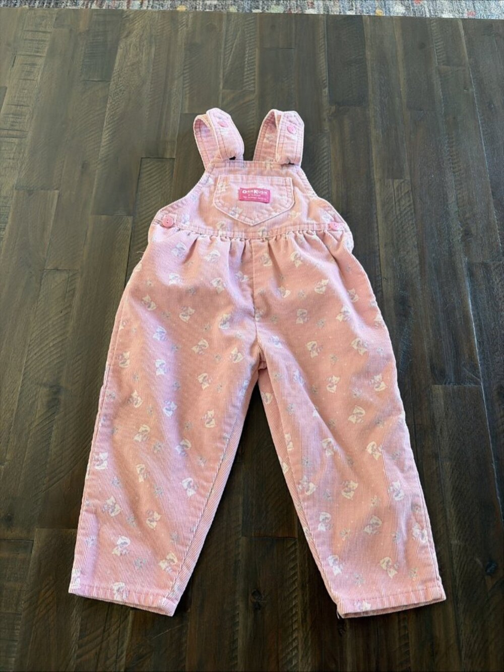 Vtg 2T Osh Kosh B'gosh Cat Print Pink Corduroy Overalls USA Union Made Girls 2T